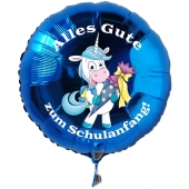 Alles Gute zum Schulanfang blauer Luftballon mit Einhorn aus Folie inklusive Ballongas Helium