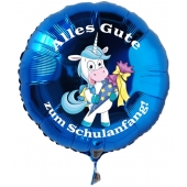 Alles Gute zum Schulanfang blauer Luftballon mit Einhorn aus Folie inklusive Ballongas Helium