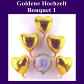 Bouquet aus Luftballons zur Dekoration der Goldenen Hochzeit, golden Herzen und 1 Rundballon, Zahl 50, Ballons aus Folie mit Ballongas