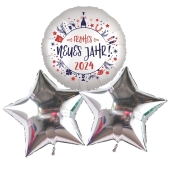 3 Folien-Luftballons Bouquet 1x  "Frohes Neues Jahr 2024" und 2 silberne Sterne