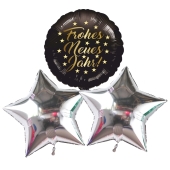 3 Folien-Luftballons Bouquet 1x  "Frohes Neues Jahr" und 2 silberne Sterne
