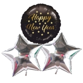 3 Folien-Luftballons Bouquet 1x  "Happy New Year" und 2 silberne Sterne