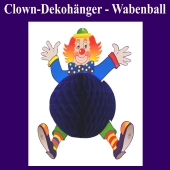Dekorationshänger Clown mit blauem Wabenball, 40 cm groß, Festdeko, Partydekoration, Karneval, Fasching, Kinderkarneval, Kindergeburtstag, Kinderfest