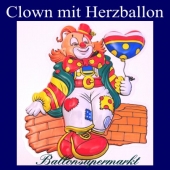 Clown mitHerzballon, Dekoration, Wanddekoration und Bühnendekoration zu Karneval und Fasching