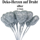 Deko-Herzen auf Draht, silber mit Glitter, 12 Stück