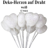 Deko-Herzen auf Draht, weiß mit Glitter, 12 Stück