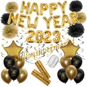Silvester Dekorations-Set mit Ballons Happy New Year 2023 Black & Gold, 32 Teile