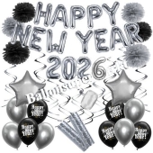 Silvester Dekorations-Set mit Ballons Happy New Year 2026 Black & Silver, 32 Teile