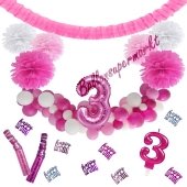 Do it Yourself Dekorations-Set mit Ballongirlande zum 3. Geburtstag, Happy Birthday Pink & White, 89 Teile