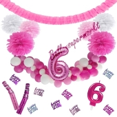 Do it Yourself Dekorations-Set mit Ballongirlande zum 6. Geburtstag, Happy Birthday Pink & White, 89 Teile