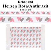 Deko-Zierband Herzen, Anthrazit-Rosa, 5 m