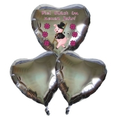 Silvester Bouquet bestehend aus 3 Herzballons in Silber mit Helium, Viel Glück im neuen Jahr