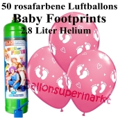 Ballons und Helium Midi Set zu Geburt, Babyparty, Taufe, Junge, Baby Footprints, rosa mit Einwegbehälter