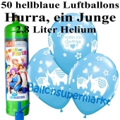 Ballons und Helium Midi Set zu Geburt, Babyparty, Taufe, Hurra, ein Junge mit Einwegbehälter