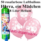 Ballons und Helium Midi Set zu Geburt, Babyparty, Taufe, Hurra, ein Mädchen mit Einwegbehälter