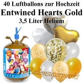 Ballons und Helium Midi Set, Entwined Hearts gold mit Einwegbehälter