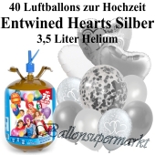 Ballons und Helium Midi Set, Entwined Hearts Silber mit Einwegbehälter