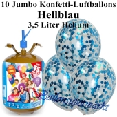 Ballons und Helium Midi Set, Jumbo Konfettiballons, hellblau mit Einwegbehälter