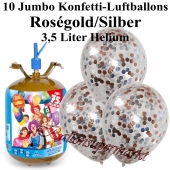 Ballons und Helium Midi Set, Jumbo Konfettiballons, rosegold/silber mit Einwegbehälter