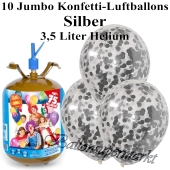 Ballons und Helium Midi Set, Jumbo Konfettiballons, silber mit Einwegbehälter