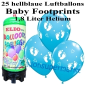 Ballons und Helium Mini Set zu Geburt, Babyparty, Taufe, Junge, Baby Footprints, hellblau mit 1,8 Liter Einwegbehälter