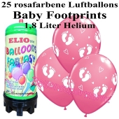 Ballons und Helium Mini Set zu Geburt, Babyparty, Taufe, Junge, Baby Footprints, rosa mit 1,8 Liter Einwegbehälter