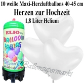 Ballons und Helium Mini Set zur Hochzeit, weiße Maxi-Herzluftballons mit 1,8 Liter Einwegbehälter