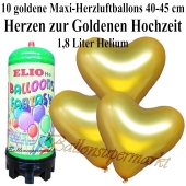 Ballons und Helium Mini Set zur Goldenen Hochzeit, goldene Maxi-Herzluftballons mit 1,8 Liter Einwegbehälter