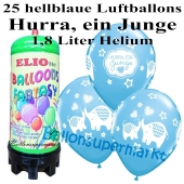 Ballons und Helium Mini Set zu Geburt, Babyparty, Taufe, Hurra, ein Junge mit 1,8 Liter Einwegbehälter