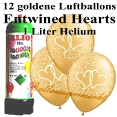 Ballons und Helium Mini Set zur Hochzeit, Entwined Hearts Gold mit Einwegbehälter