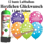 Ballons und Helium Mini Set zum Geburtstag, Herzlichen Glückwunsch, bunt mit Einwegbehälter