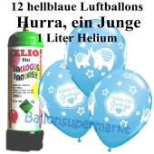 Ballons und Helium Mini Set zu Geburt, Babyparty, Taufe, Hurra, ein Junge mit Einwegbehälter