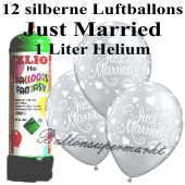 Ballons und Helium Mini Set, Just Married, silber mit Einwegbehälter