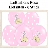 Baby Luftballons, Elefanten mit Luftballontraube, Punkten und Wölkchen, Rosa, 6 Stück