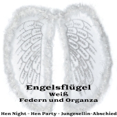 Weiße Engelsflügel mit Federn und Orgaza zu Hen Night, Hen Party und Junggesellinnenabschied