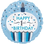 Luftballon Happy 1st Birthday Boy Cupcake, holografisch ohne Helium
