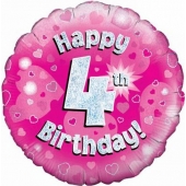Luftballon aus Folie zum 4. Geburtstag, rosa Rundballon, Mädchen, Zahl 4, inklusive Ballongas