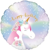 Happy Birthday Unicorn, holografischer Rundballo, heliumgefüllt