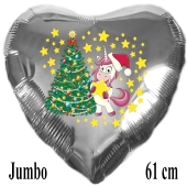 Jumbo Folienballon Einhorn mit Weihnachtbaum, 61 cm Herz, silber ohne Helium/Ballongas