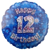 Luftballon aus Folie zum 12. Geburtstag, Happy 12th Birthday Blue