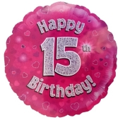 Luftballon aus Folie zum 15. Geburtstag, Happy 15th Birthday Pink