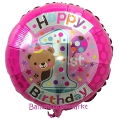 Luftballon Happy 1st Birthday Bärchen, pink, heliumgefüllt