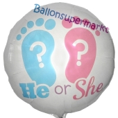 He or She Luftballon mit Helium zur Gender Reveal Party