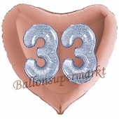 Herzluftballon Jumbo Zahl 33, rosegold-silber-holografisch mit 3D-Effekt zum 33. Geburtstag