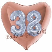 Herzluftballon Jumbo Zahl 38, rosegold-silber-holografisch mit 3D-Effekt zum 38. Geburtstag