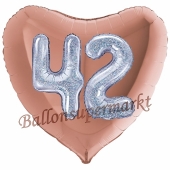 Herzluftballon Jumbo Zahl 42, rosegold-silber-holografisch mit 3D-Effekt zum 42. Geburtstag
