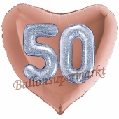 Herzluftballon Jumbo Zahl 50, rosegold-silber-holografisch mit 3D-Effekt zum 50. Geburtstag