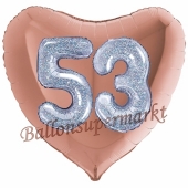 Herzluftballon Jumbo Zahl 53, rosegold-silber-holografisch mit 3D-Effekt zum 53. Geburtstag