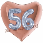 Herzluftballon Jumbo Zahl 56, rosegold-silber-holografisch mit 3D-Effekt zum 56. Geburtstag
