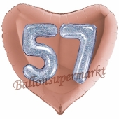 Herzluftballon Jumbo Zahl 57, rosegold-silber-holografisch mit 3D-Effekt zum 57. Geburtstag